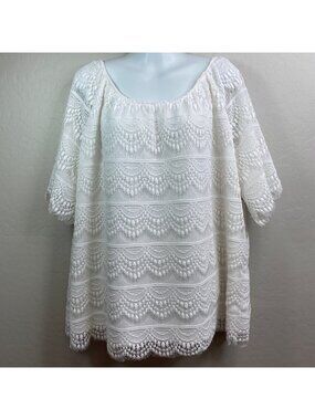 Westport 1962 Womens Top White Lace Scalloped Design Short Sleeve Boho Size 2XL